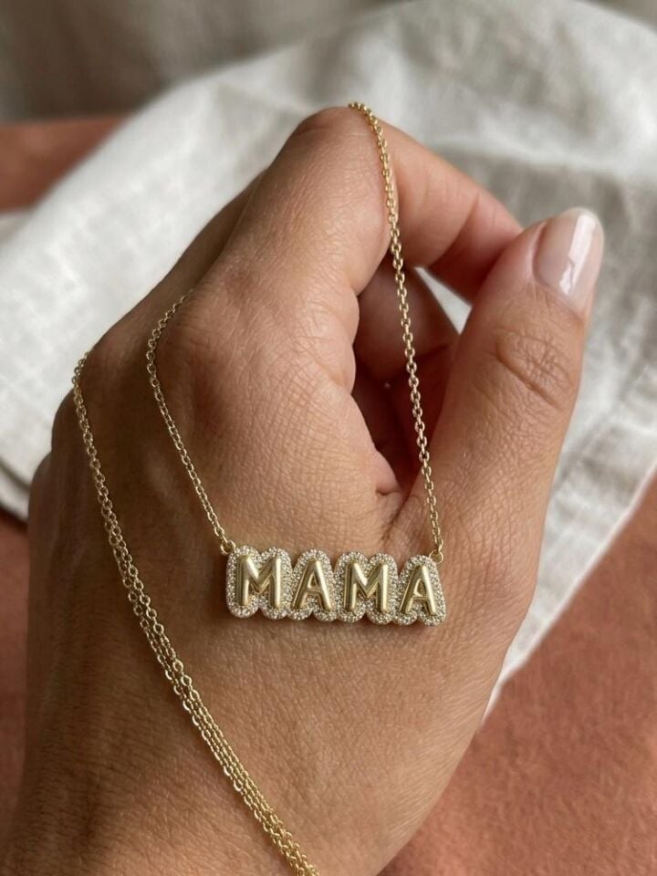 MAMA Yazılı Zirkon Taş Detaylı Kolye