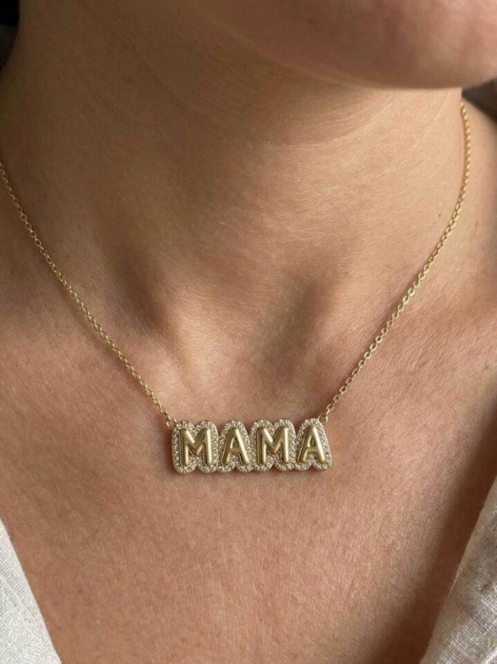 MAMA Yazılı Zirkon Taş Detaylı Kolye