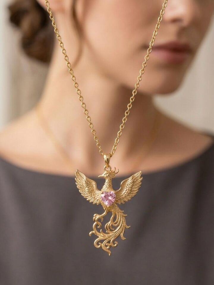 Anka Kuşu Pembe Kalp Taşlı Kolye