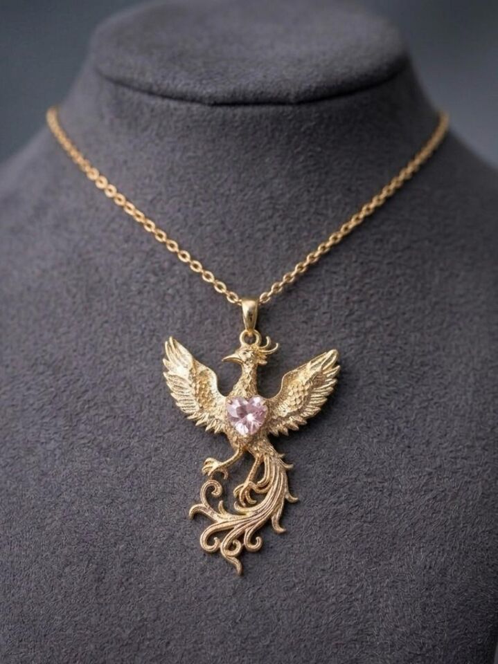 Anka Kuşu Pembe Kalp Taşlı Kolye