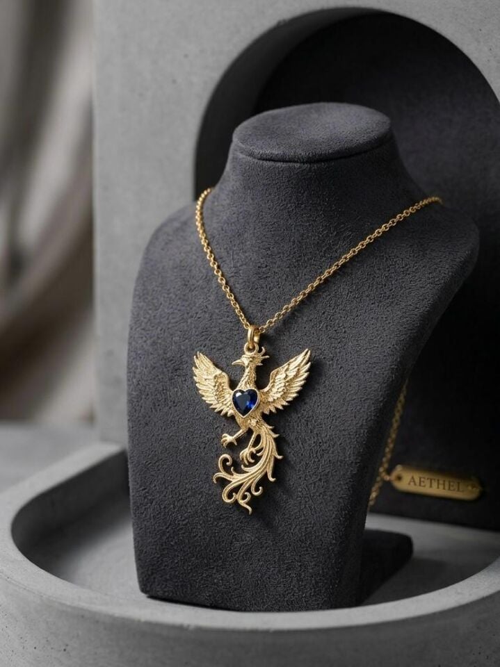 Anka Kuşu Mavi Kalp Taşlı Kolye