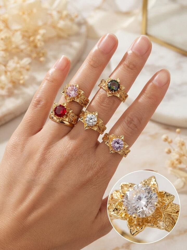 Beyaz Taşlı Zirkon Lotus Yüzük