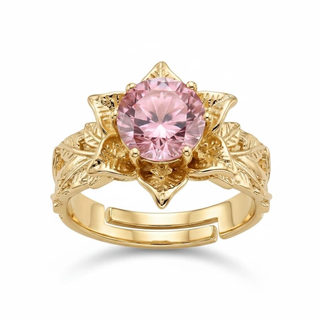 Pembe Zirkon Taşlı Lotus Yüzük