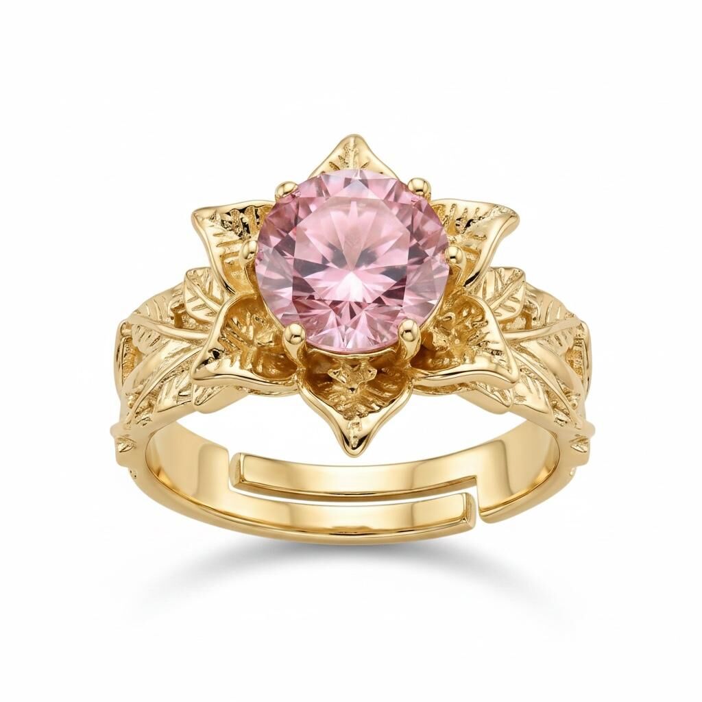 Pembe Zirkon Taşlı Lotus Yüzük