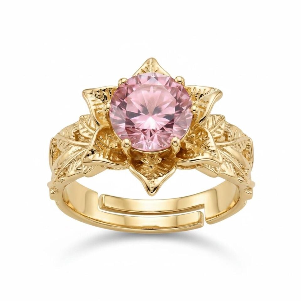 Pembe Zirkon Taşlı Lotus Yüzük